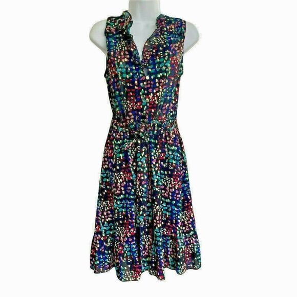 Molly Bracken Premium Dress XS Black Confettis V-Neck Ruffled Lined Belted - Picture 1 of 9